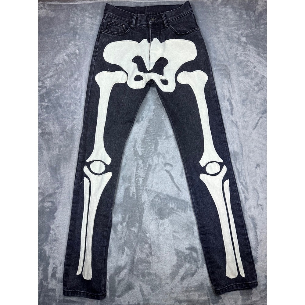 MNML Skeleton Bone Applique Denim Jeans Black Mens Size 28 Button Fly Streetwear